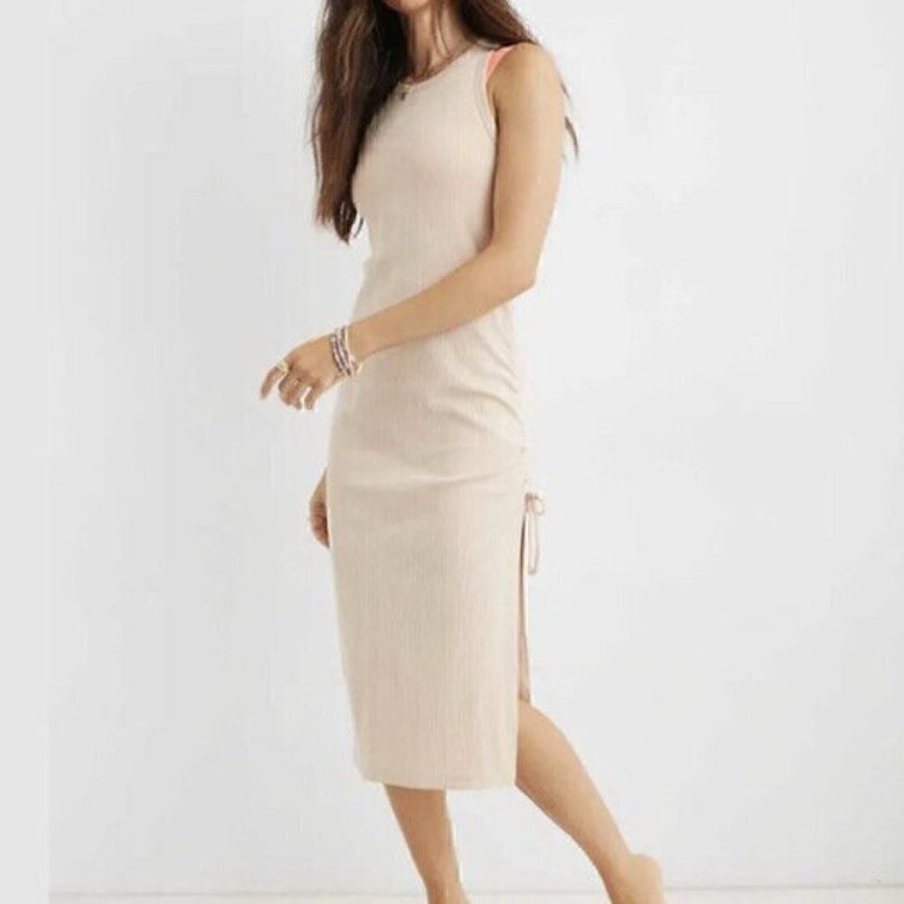 Aerie Ruched Rib Midi Sleeveless Dress